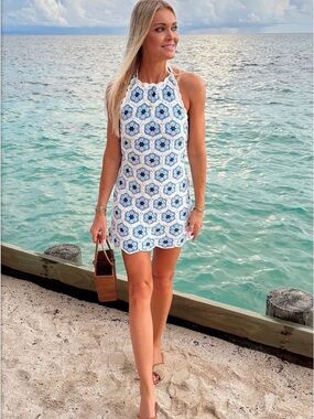 Show Me Your MuMu White and Blue Crochet Happy Halter Mini Dress